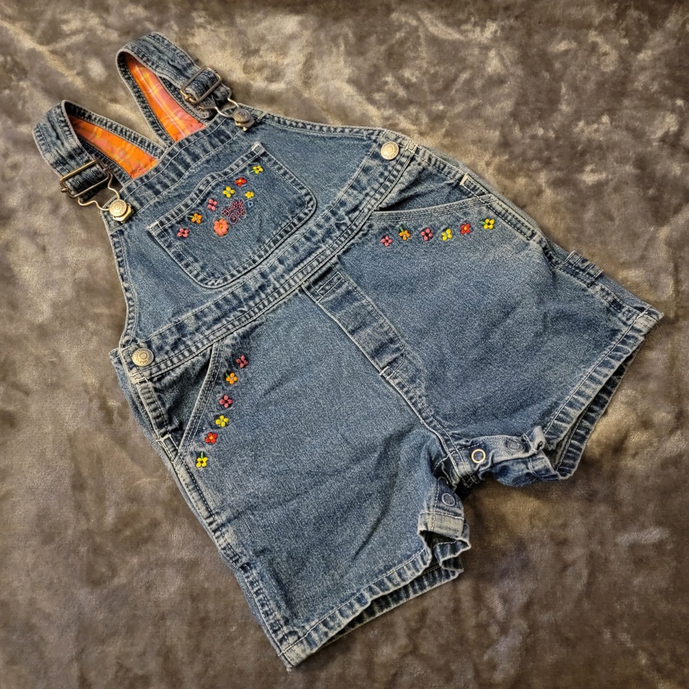 Baby Gap Denim Shortalls Girls 18-24 Month Blue Excellent Floral Embroidered 819